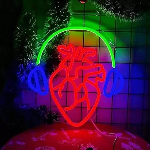 Gaming Heart Neon Sign Human Heart LED Neon Music Sign for Bedroom Wall Game Room Dimmable LED Neon Light for Room 12.6"×13.2"