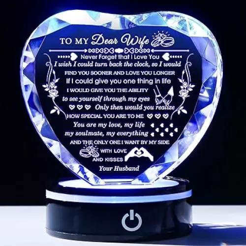 Gifts for Wife with Colorful LED Base Romantic Wife Anniversary Birthday Gift Ideas Crystal Heart to My Wife Gifts from Husband on Valentine
