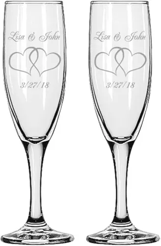 GIFTS INFINITY® Engraved Wedding IInterlock Heart Champagne Flutes Set of 2 Personalized Toasting Glasses - Valentine
