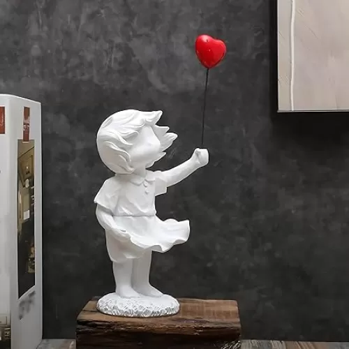 Girl with Red Heart Balloon Statue, Resin Sculpture for Home Decor, Collectible Figurines for Living Room Decoration (White)