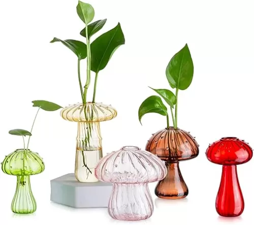 Glasseam Mushroom Glass Planter, Set of 5 Colored Plant Propagation Station, Mini Terrarium for Plants, Unique Small Glass Vase for Flowers, Cute Hydroponic Indoor Planters Gifts for Women Room Decor