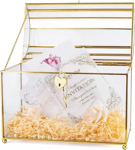 Gold Glass Card Box With Slot and Heart Lock - Large Clear Display for Wedding Reception, Bridal Shower - Handmade Brass Centerpiece