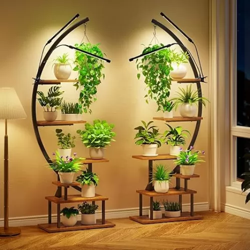 GREENSTELL Plant Stand Indoor with Grow Light, 7-Tiered Tall Metal Plant Stand for Indoor Plants, Half-Moon Shape Display Shelf for Living Room, Balcony, Patio, Black (2 Pack)