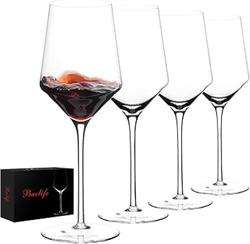 Hand Blown Red Wine Glasses Set of 4 – 15 oz Premium Crystal Wine Glasses With Long Stem – Unique Wedding Gift, Daily Use