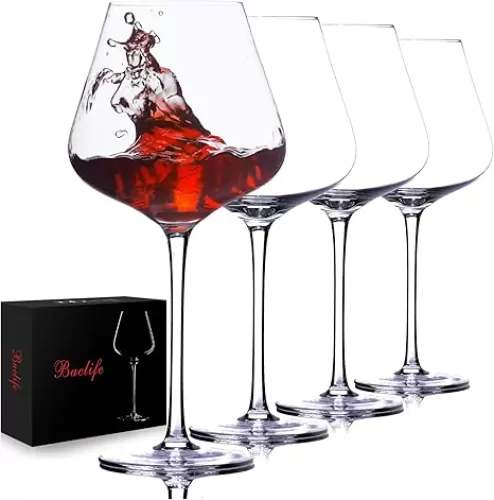 Hand Blown Red Wine Glasses Set of 4 – 23 oz Burgundy Wine Glasses With Long Stem – Large Premium Crystal Wine Glass – Unique Gift for Wedding, Anniversary, Mother’s Day – Clear