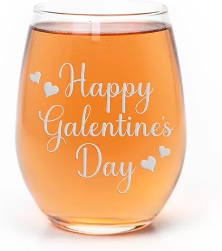 Happy Galentines Day 4 Hearts Stemless Wine Glass - Valentines Day Gift, Galentines Gift, Valentines Day Wine Glass, Galentines Wine Glass