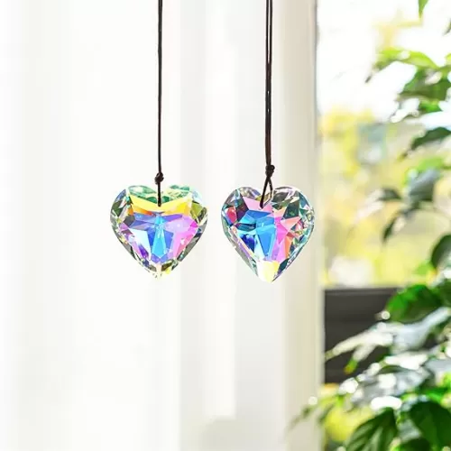 H&D HYALINE & DORA 2PCS 50mm Suncatcher Crystal Heart Prisms Hanging for Windows, AB Color Heart Shape Prisms Rainbow, Glass Chandelier Prism Sun Catcher with Rope