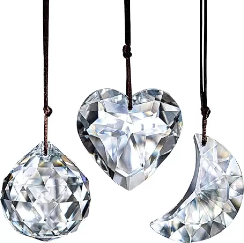 H&D HYALINE & DORA Clear Suncatcher Crystal Prism Ball Heart Moon Window Decor Ornament, Hanging Crystals Prisms for Car Garden, Pack of 3