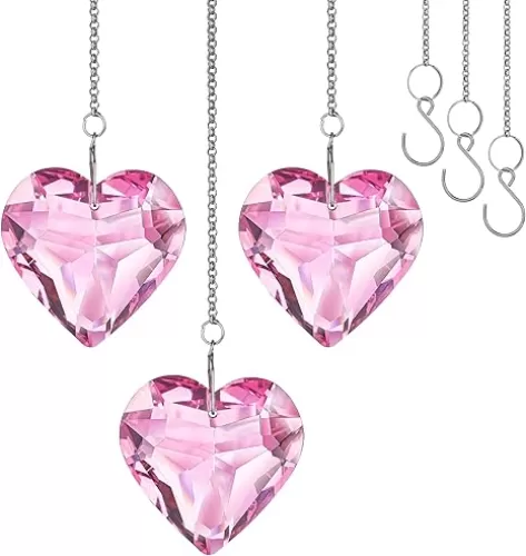 H&D HYALINE & DORA Pink Heart Crystals Suncatcher Hanging Heart Sun Catcher with Chain Pendant Ornament for Window Home Garden Christmas Tree Party Wedding Decor(3 Pack)