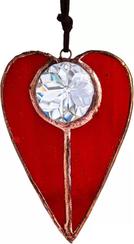 H&D HYALINE & DORA Suncatcher Glass Art Ornament, Stained Glass Window Hangings Heart Shaped Decor Rainbow Art, Red