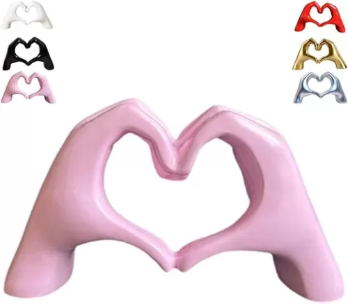 Heart Hands Sculpture Decor, Love Hand Statue Room Decoration, Love Finger Sculpture for Shelf Coffee Table Office Bedroom Bookshelf Small Ornament Home Decoration (Pink)