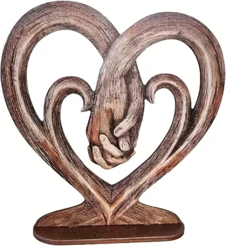 Heart Holding Hands Art Sculpture Wooden Desktop Imitation Tree Trunk Forever Love Everlasting Hand in Hand Desktop Decoration for Home Office Ornament Accessories