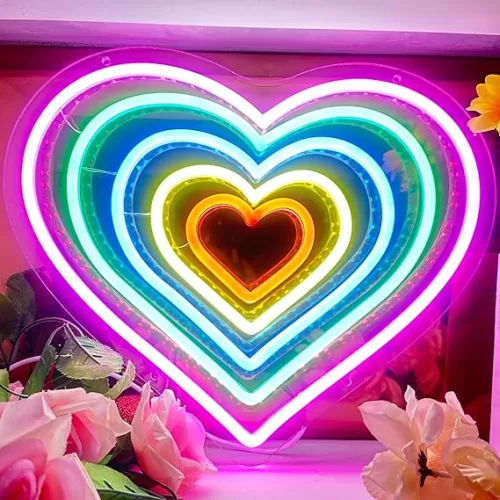 Heart Neon Sign, Love Heart Shaped LED Light Signs for wall decor, Pink Heart Neon Rainbow Light Sign for Girl's Room Dorm Wedding Anniversary Day Birthday Party Decor, Christmas New Year Decorations