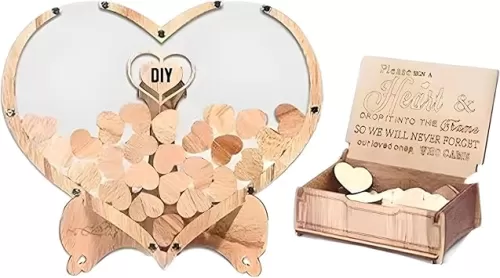 Heart Shaped Frame Wooden Love Signature Guest Book Rustic Drop Box with Heart Tags Wedding Birthday Party Props Desktop Decor