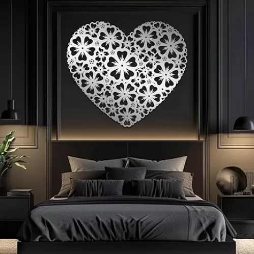 Hfrolixit Large Metal Hearts Wall Art, Metal Heart Wall Decor, Heart Shaped and Floral Wall Hanging, Hearts Decorations, Romantic Room Decorations, Valentines Decor (Silver, 21"x19"/54x47cm)