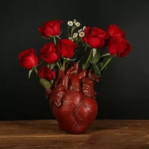 Human Heart Organ Shape Vase Creepy Halloween Home Desk Flowers Pot Decor, Medium Size 6.2" x 4.2", Red