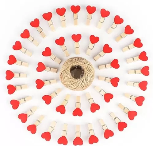 jijAcraft 100Pcs Clothespins with String, 1.4Inch Wooden Clothes Pins with Heart, Red Heart Clips, Mini Photo Clips with 98Ft Jute Twine, Craft Clips for Baby Shower, Wedding, Birthday