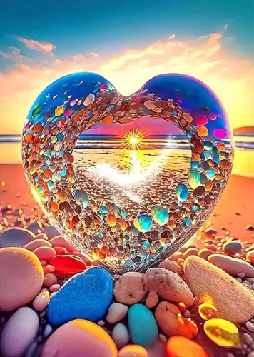 KINPLUB 5D Diamond Painting Kits for Adults, Color Heart Shape Stone Diamond Art Kits for Beginners, DIY Full Round Drill Love Beach Paint with Diamonds Dots Gem Art, Home Wall Decor 12 x 16 Inch