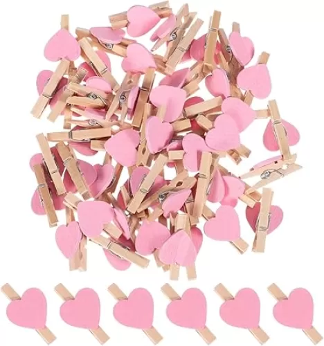 Kisangel 50pcs Mini Wooden Clips, Pink Heart Shaped Clothespins DIY Craft Clips for Photos Cards Paintings Wedding Valentines Day