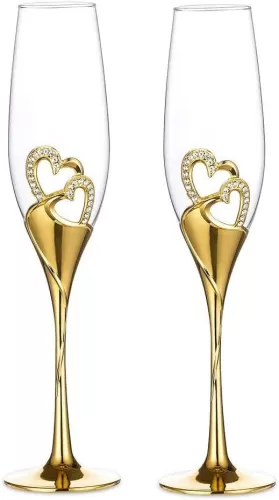 LANLONG Wedding Champagne Goblets Toasting Flute Glasses for Bride and Groom Creative Deluxe Glass Cups with Rhinestone Rimmed Heart Decoration Gift Set
