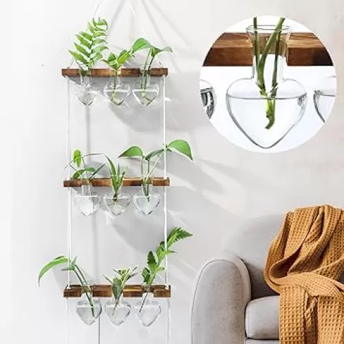 Leinuosen Plant Hanging Propagation Station Wall Hanging Planters Terrarium with 3 Tiered Wooden Stands for Hydroponics Gifts for Home Garden Office Decor Plant Lovers - 9 Heart Glass Vases