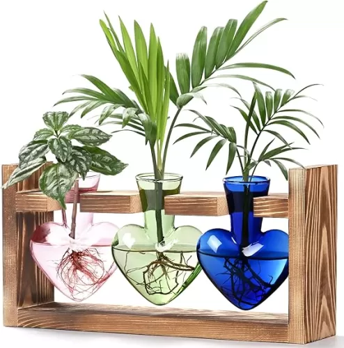 Lifecapido Heart Shaped Propagation Stations, Plant Terrarium with Wooden Stand, Plant Propagation Station for Hydroponics Plants Office Garden Home Decor, Gifts for Women Plant Lover (3 Vases, Pink)