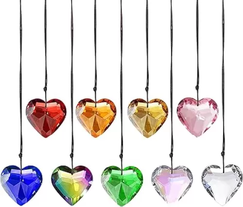 LONGSHENG - SINCE 2001 - Pack of 9 Crystal Suncatchers Colorful Heart Chandelier Prisms Stained Glass Pendants Parts Hanging Window Home Decor Crystal Ornaments