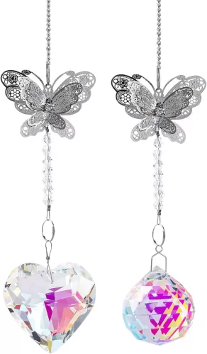 LONGSHENG - SINCE 2001-2pcs Suncatcher for Windows, 40mm Glass Heart Crystal Ball Prism Pendant, Outdoor Garden Hanging Decor, Gifts for Women, Mom