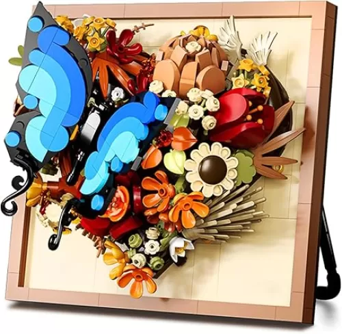 Love Heart Flower Sunflower Building Blocks Set, 3D Flower Frame Wall Art, Couples Valentine Idea Arts, Heart Shape Artificial Flowers with Butterfly, Ideas Gift for Girls Adults (Butterfly)