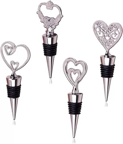 Love Wine Stoppers - Cute Heart Shaped Wine Stopper Decoration, Metal Zinc Alloy, Reusable (Set of 4)