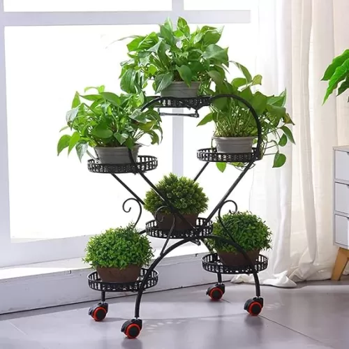 LOYALHEARTDY Metal Planter Stand, Flower Rack with Wheels, 4 Tier Heart Shaped Potted Holders Indoor Tall Planter Display Shelf Rolling Flower Pot Holder, for Indoor Outdoor Patio Garden (Black)