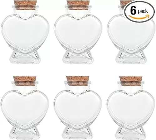 Magic Season Decorative Glass Bottles with Cork Stoppers (2.7 fl oz. Heart-Shaped Bottles / 6 Pcs)