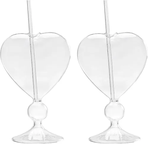 MANMAOHE 8 Oz Unique Cocktail Glasses Set of 2 Creative Heart Shaped Wine Glasses with Straw Romantic Drinking Glasses Juice Glasses for Wedding Home Bar Partys(Glossy)