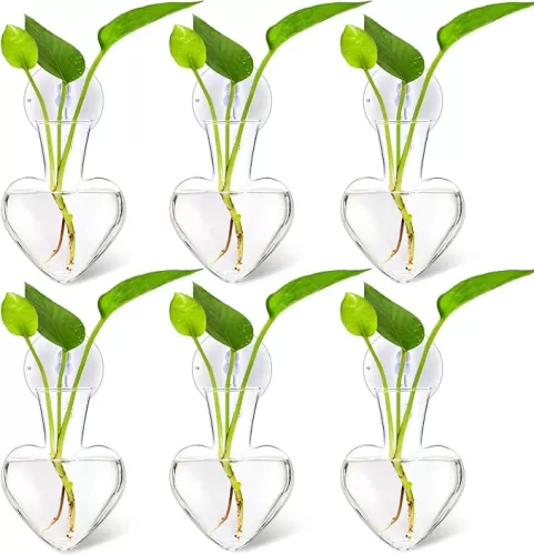 Maxdot 6 Pcs Wall Hanging Window Propagation Stations Glass Heart Plant Vase with Suction Cups Air Plant Terrarium for Hydroponics Home Office Decor