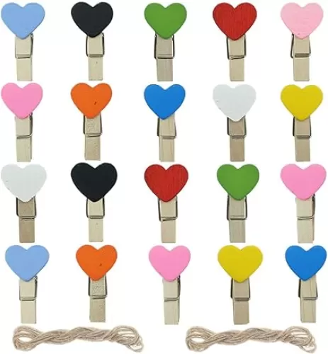Mini Colored Wooden Heart Clothespins with Jute Twine Small Decorative Wood Peg Pin Craft Clips for Pictures Memo Card Photo