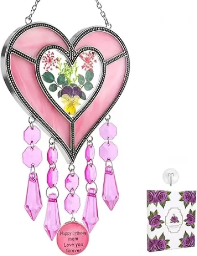 Mom Birthday Gifts Happy Birthday Mom Flower Colored Glass Handmade Carefully Designed Heart Shaped Suncatcher (Pink)