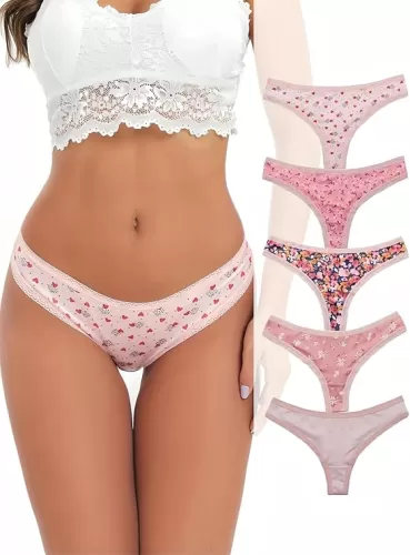 Morvia 5pcs Women Sexy Coquette Contrast Lace Trims Heart Floral Print Thongs Cute Valentine
