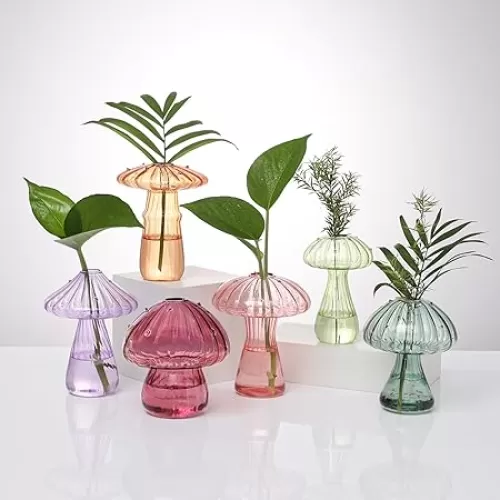 Mushroom Glass Vases for Indoor Plants, Set of 6 Colored Plant Propagation Stations, Mini Terrarium for Plants, Unique Small Hydroponic Pots for Flowers, Cute Decor Vase Gifts for Women