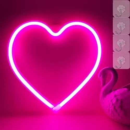 Neon Heart Lights - Pink LED Heart Lamp, Decorations for Home, Hanging Gifts, USB/Battery Operated for Bedroom, Living Room