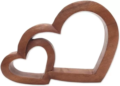 NOVICA Brown Heart Shaped Carved Wood Sculpture, Warm Hearts'