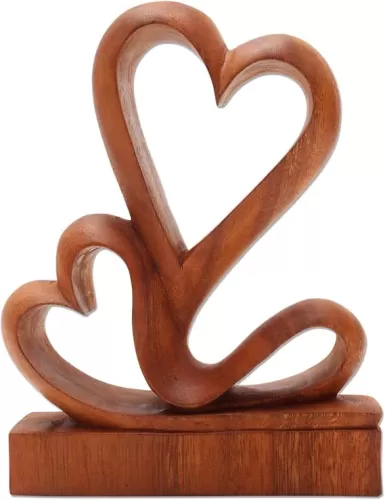 NOVICA Heart Shaped Natural Brown Romantic Love Suar Wood Sculpture, 7.75" 'Two Hearts'