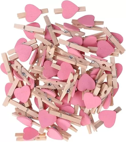 NUOBESTY 50pcs Mini Wooden Clips Clothespins with Hearts for Wedding Party, Valentines Day Decoration
