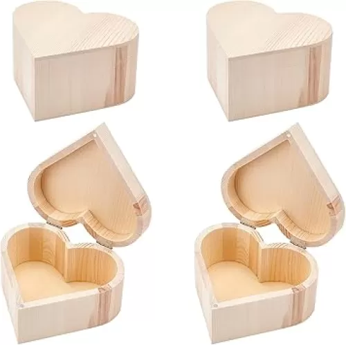 OLYCRAFT 4PCS Unfinished Wooden Box 5x5.2 Inch Unpainted Heart-Shaped Box Pine Storage Box Natural Wood Box with Iron Findings Love Gift Box for Valentine's Day Crafting Making Jewelry Box