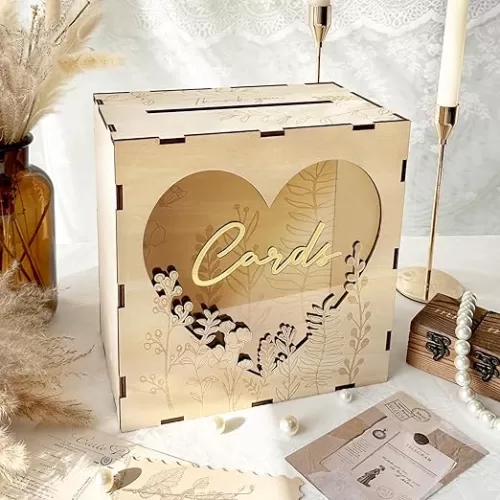 OurWarm Wedding Card Box for Party, Wooden Gift Card Box with Heart Acrylic Window, Wedding Card Boxes for Reception Graduation Money Box for Wedding Decor Graduation Baby Shower Birthday Party