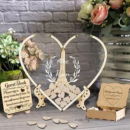Personalized Heart Guest Book Alternative with 30-100 Wood Hearts Custom Wood Wedding Drop Box Rustic Guest Book Sign Wedding Decor(Heart Guestbook-Style 1)