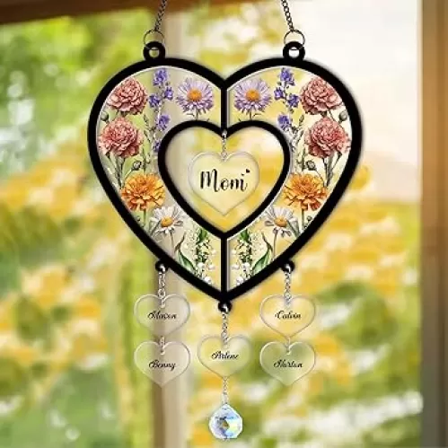 Personalized Heart Hanging Suncatcher Ornament with Crystal Pendant, Custom Acrylic Heart Shape Sun Catcher Ornament Gifts, Unique Mother