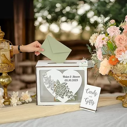 Personalized Wedding Card Box with Acrylic Window Custom Heart Shape, Wooden Gift Card Box for Wedding Reception Decorations, Rustic Wedding Decor Money Newly Named Box Wedding for Party Birthday