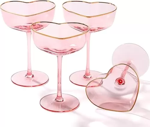 Pink Coupe Glasses Set of 4, Heart-Shaped Martini Glasses with Golden Rim, Fancy Manhattan, Cosmopolitan, Sidecar Cocktail Glassware for Wedding, Mothers Day, Birthdays, Anniversary- 8oz