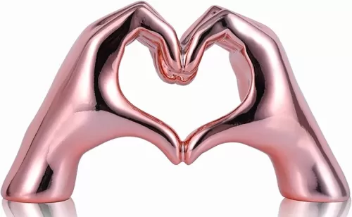 Pink heart and hand sculptures and statues, hand and heart sculptures home decor, heart and hand decor bohemian wedding decor for edgy room coffee table office living room bedroom bookshelf decor.