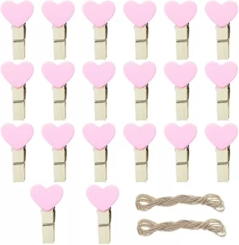Pink Heart Clothespins Mini Wooden Clothespins with Jute Twine Small Decorative Wood Peg Pin Craft Clips for Pictures Photo Memo Card